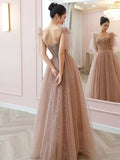 A Line Spaghetti Straps Tulle Pink Evening Dress Prom Dresses SD1638