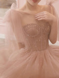 A Line Spaghetti Straps Tulle Pink Evening Dress Prom Dresses SD1638
