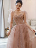 A Line Spaghetti Straps Tulle Pink Evening Dress Prom Dresses SD1638