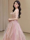 A Line Off The Shoulder Tulle Pink Floor Length Evening Dress Prom Dresses SD1639