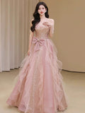 A Line Off The Shoulder Tulle Pink Floor Length Evening Dress Prom Dresses SD1639