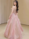 A Line Off The Shoulder Tulle Pink Floor Length Evening Dress Prom Dresses SD1639