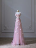 A Line Sweetheart Pink Tulle Sequin Flowers Evening Dress Prom Dresses SD1640
