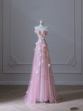 A Line Sweetheart Pink Tulle Sequin Flowers Evening Dress Prom Dresses SD1640