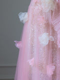 A Line Sweetheart Pink Tulle Sequin Flowers Evening Dress Prom Dresses SD1640