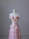 A Line Sweetheart Pink Tulle Sequin Flowers Evening Dress Prom Dresses SD1640