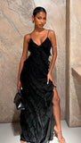 Mermaid Spaghetti Straps Floor Length Black Chiffon Evening Dress Prom Dresses SD1640