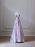 A Line Sweetheart Lilac Tulle Sequin Flowers Evening Dress Prom Dresses SD1641