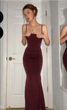 Mermaid Spaghetti Straps Burgundy Long Evening Dress Prom Dresses SD1644