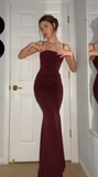Mermaid Spaghetti Straps Burgundy Long Evening Dress Prom Dresses SD1644
