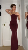 Mermaid Spaghetti Straps Burgundy Long Evening Dress Prom Dresses SD1644