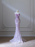 Mermaid Sweetheart Lilac Tulle Sequin Flowers Evening Dress Long Prom Dresses SD1646