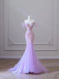 Mermaid Off The Shoulder Lilac Tulle Flowers Evening Dress Long Prom Dresses SD1648