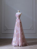 A Line Strapless Pink Tulle Flowers Evening Dress Prom Dresses SD1649