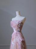 A Line Strapless Pink Tulle Flowers Evening Dress Prom Dresses SD1649