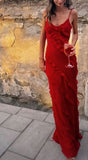 Mermaid Spaghetti Straps Floor Length Red Chiffon Evening Dress Prom Dresses SD1649