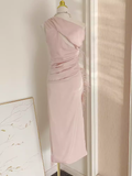 Sheath One Shoulder Pink Vacation Dress Satin Women Dresses WIth Feather SD164