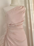 Sheath One Shoulder Pink Vacation Dress Satin Women Dresses WIth Feather SD164