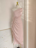 Sheath One Shoulder Pink Vacation Dress Satin Women Dresses WIth Feather SD164