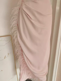 Sheath One Shoulder Pink Vacation Dress Satin Women Dresses WIth Feather SD164