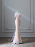 Mermaid Strapless Pink Tulle Flowers Evening Dress Long Prom Dresses SD1650
