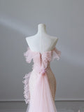 Mermaid Strapless Pink Tulle Flowers Evening Dress Long Prom Dresses SD1650