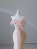 Mermaid Strapless Pink Tulle Flowers Evening Dress Long Prom Dresses SD1650