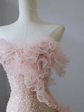 Mermaid Strapless Pink Tulle Flowers Evening Dress Long Prom Dresses SD1650