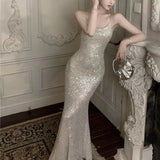 Mermaid Spaghetti Straps Sequin Floor Length Evening Dress Prom Dresses SD1650