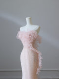 Mermaid Strapless Pink Tulle Flowers Evening Dress Long Prom Dresses SD1650