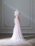 Mermaid Strapless Pink Tulle Flowers Evening Dress Long Prom Dresses SD1650
