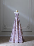A Line Sweetheart Lilac Lace Tulle Flowers Evening Dress Prom Dresses SD1653