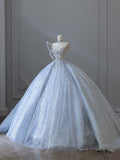 Ball Gown Strapless Neckline Sequin Light Sky Blue Long Wedding Dresses Brides Dress SD1656