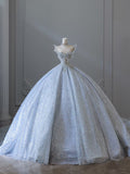 Ball Gown Strapless Neckline Sequin Light Sky Blue Long Wedding Dresses Brides Dress SD1656