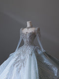 Ball Gown Scoop Neckline Long Sleeves Sequin Light Sky Blue Long Wedding Dresses Brides Dress SD1657