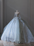Ball Gown Scoop Neckline Long Sleeves Sequin Light Sky Blue Long Wedding Dresses Brides Dress SD1657