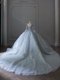 Ball Gown Scoop Neckline Long Sleeves Sequin Light Sky Blue Long Wedding Dresses Brides Dress SD1657