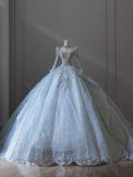 Ball Gown Scoop Neckline Long Sleeves Sequin Light Sky Blue Long Wedding Dresses Brides Dress SD1657