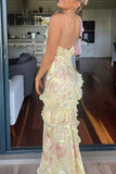 Mermaid Spaghetti Straps Floor Length Floral Yellow Chiffon Evening Dress Prom Dresses HZ0628