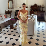 Mermaid Spaghetti Straps Floor Length Floral Yellow Chiffon Evening Dress Prom Dresses SD1662