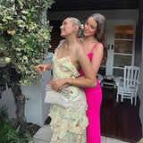 Mermaid Spaghetti Straps Floor Length Floral Yellow Chiffon Evening Dress Prom Dresses SD1662