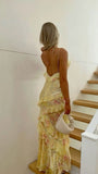 Mermaid Spaghetti Straps Floor Length Floral Yellow Chiffon Evening Dress Prom Dresses SD1662