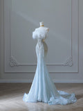 Mermaid Strapless Neckline Long Sequin Light Sky Blue Long Wedding Dresses Brides Dress SD1662