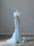 Mermaid Strapless Neckline Long Sequin Light Sky Blue Long Wedding Dresses Brides Dress SD1662