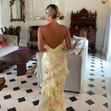 Mermaid Spaghetti Straps Floor Length Floral Yellow Chiffon Evening Dress Prom Dresses SD1662