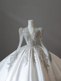 Ball Gown V Neckline Long Sleeves Pleats Beads White Satin Wedding Dresses SD1665