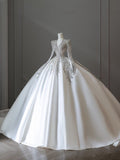 Ball Gown V Neckline Long Sleeves Pleats Beads White Satin Wedding Dresses SD1665