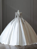 Ball Gown V Neckline Long Sleeves Pleats Beads White Satin Wedding Dresses SD1665