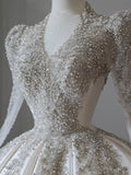 Ball Gown V Neckline Long Sleeves Pleats Beads White Satin Wedding Dresses SD1665