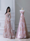 A Line Strapless Pink Tulle Flowers Evening Dress Prom Dresses SD1649